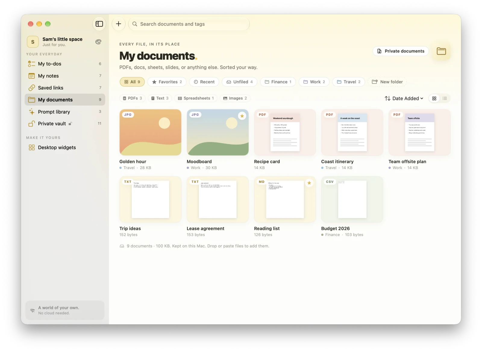 MacTodo’s document library showing image, PDF, text, and spreadsheet files with folders such as Work and Travel.