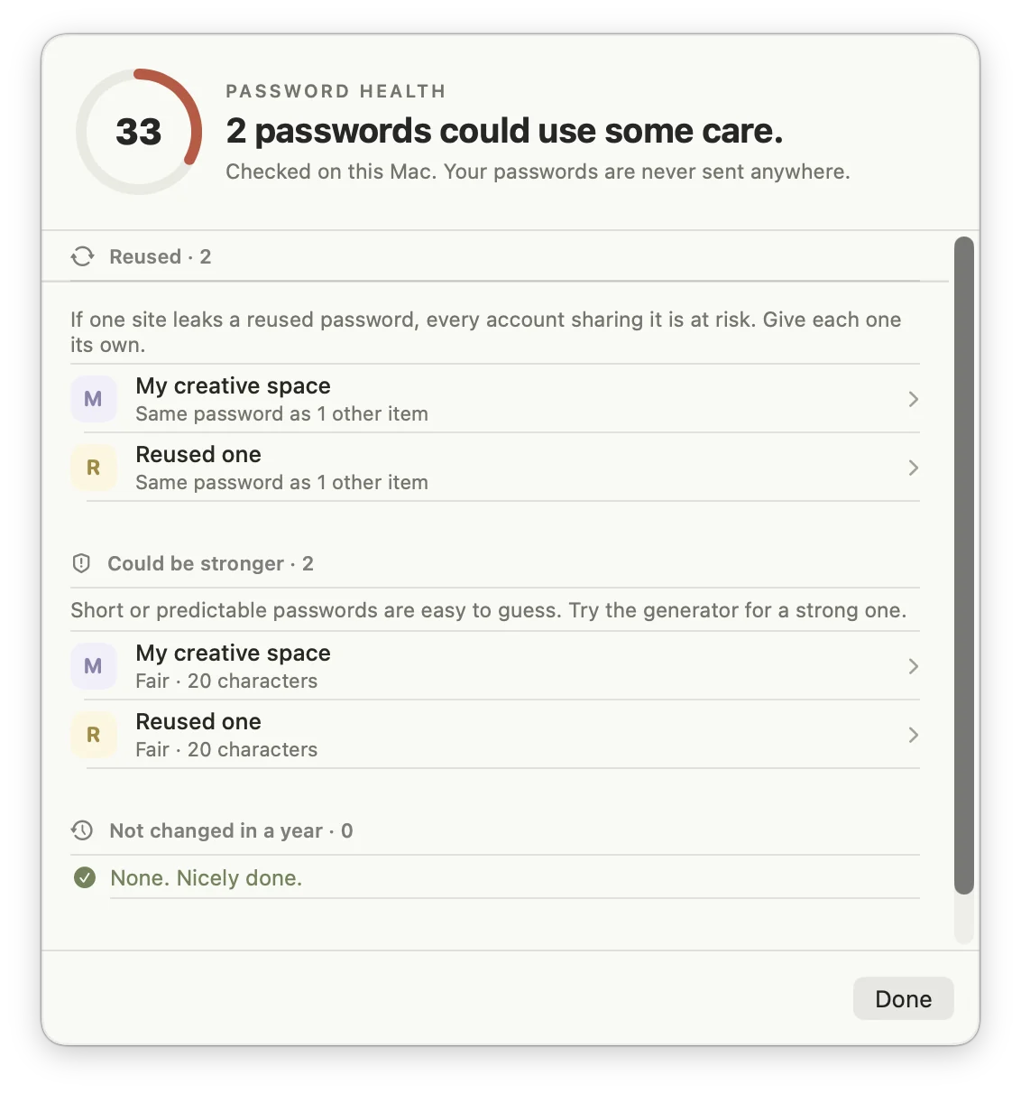 The password health check, scoring the vault and listing reused and weaker passwords.