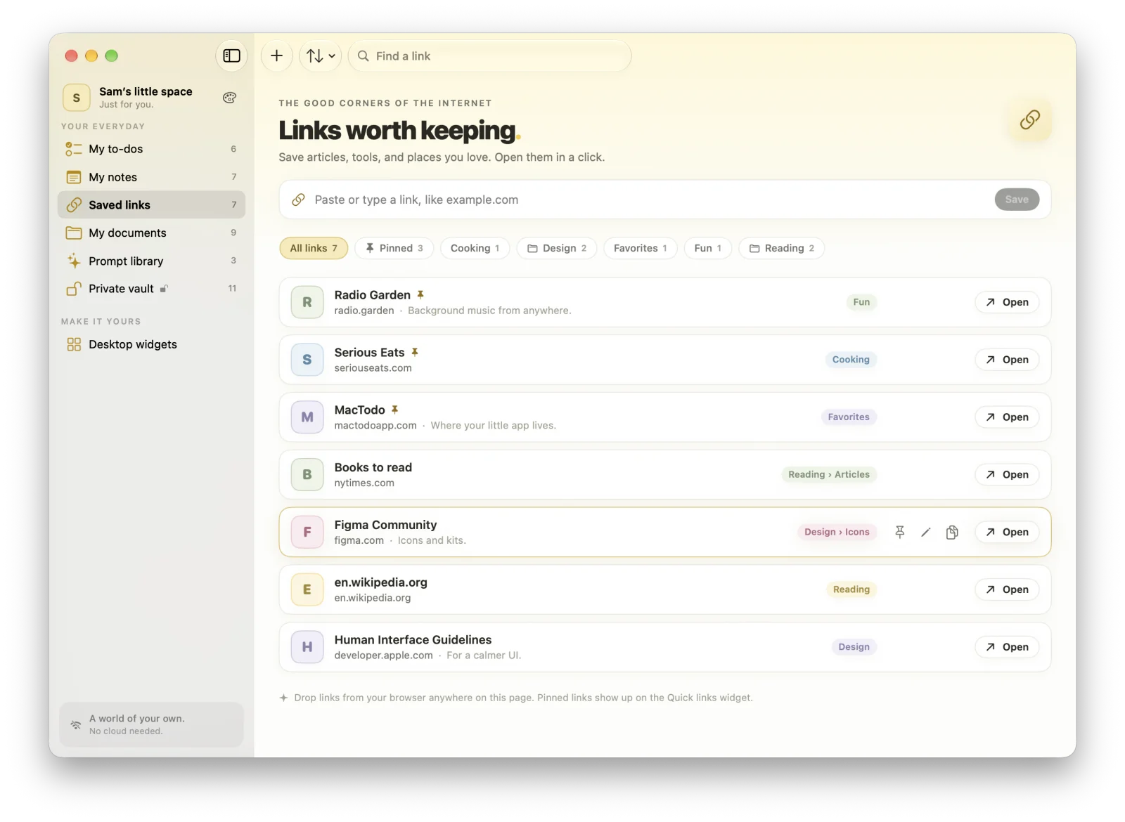 MacTodo’s saved links list with pinned links, nested tags such as Design › Icons, and Open buttons.