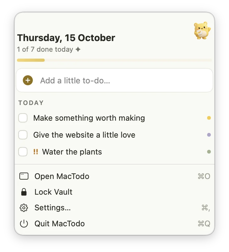 MacTodo’s menu bar window with today’s date, progress, a quick-add field, and today’s to-dos.