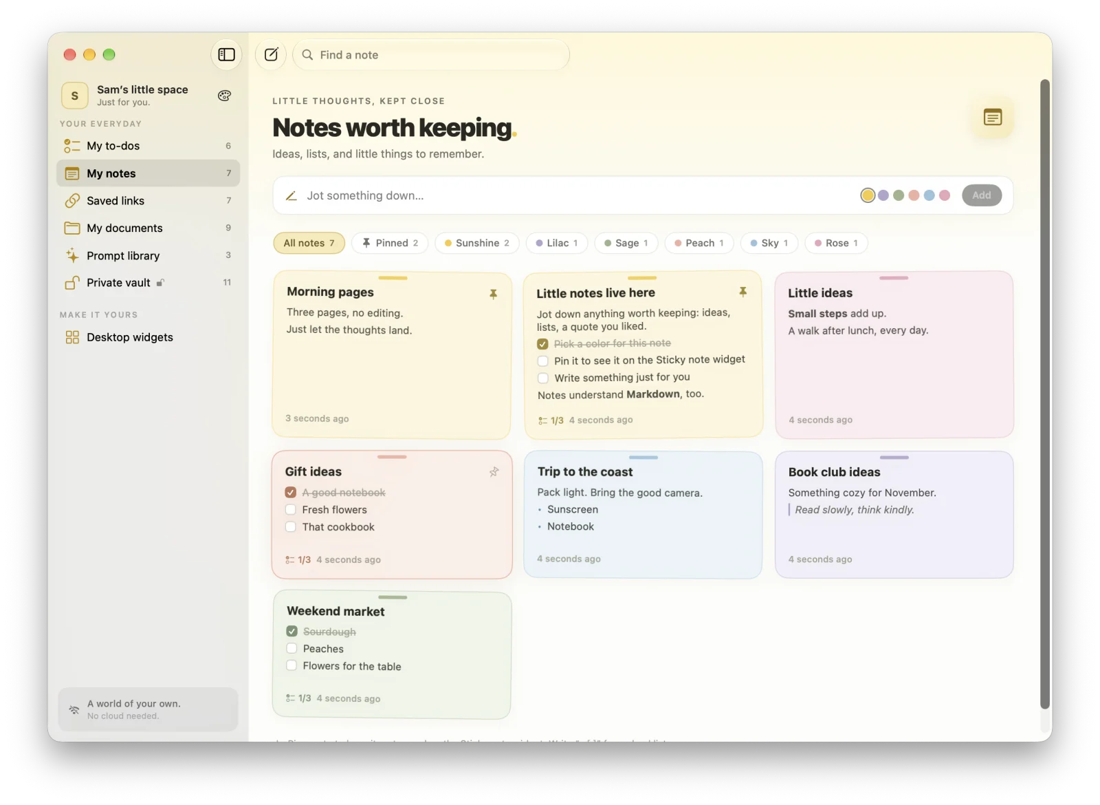 A board of colorful sticky notes in MacTodo, with checklists, Markdown, pinned notes, and color filters.
