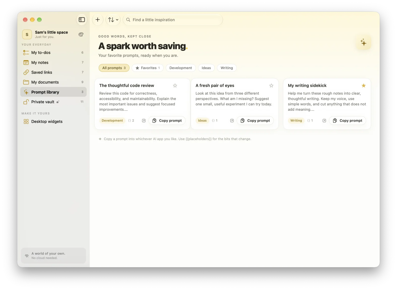 The MacTodo prompt library with prompt cards, tags, favorites, and Copy prompt buttons.