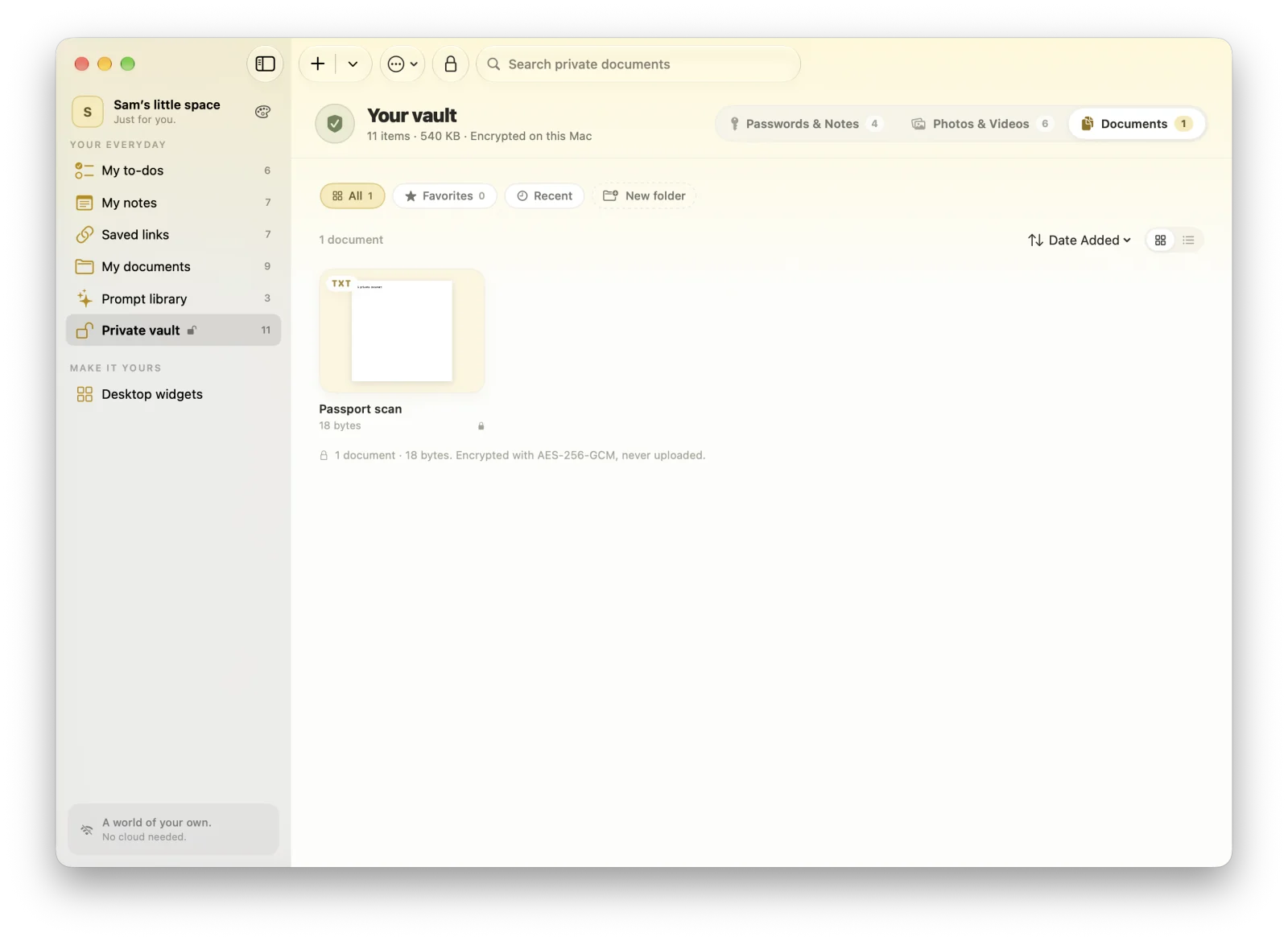 Private documents in MacTodo’s vault, organized with folders and tags.