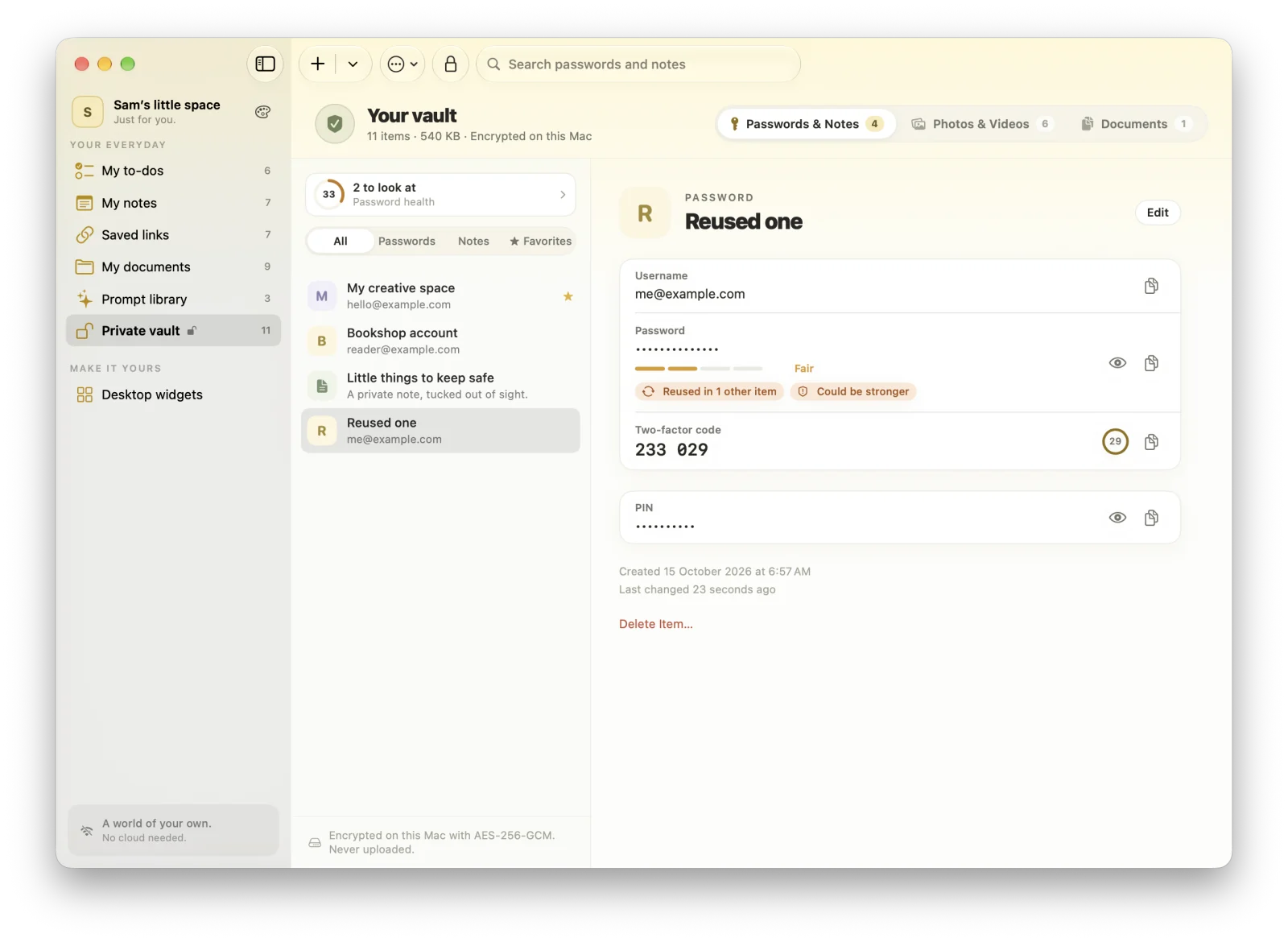 A password in MacTodo’s private vault with a strength meter, a reused-password warning, a two-factor code, and a hidden PIN.