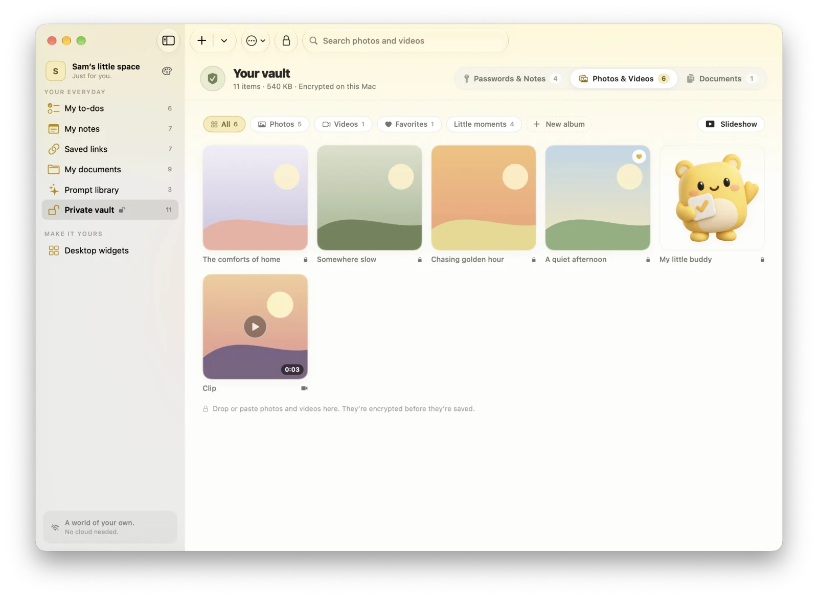 Encrypted photos and a video in MacTodo’s private vault, with albums, favorites, and a Slideshow button.