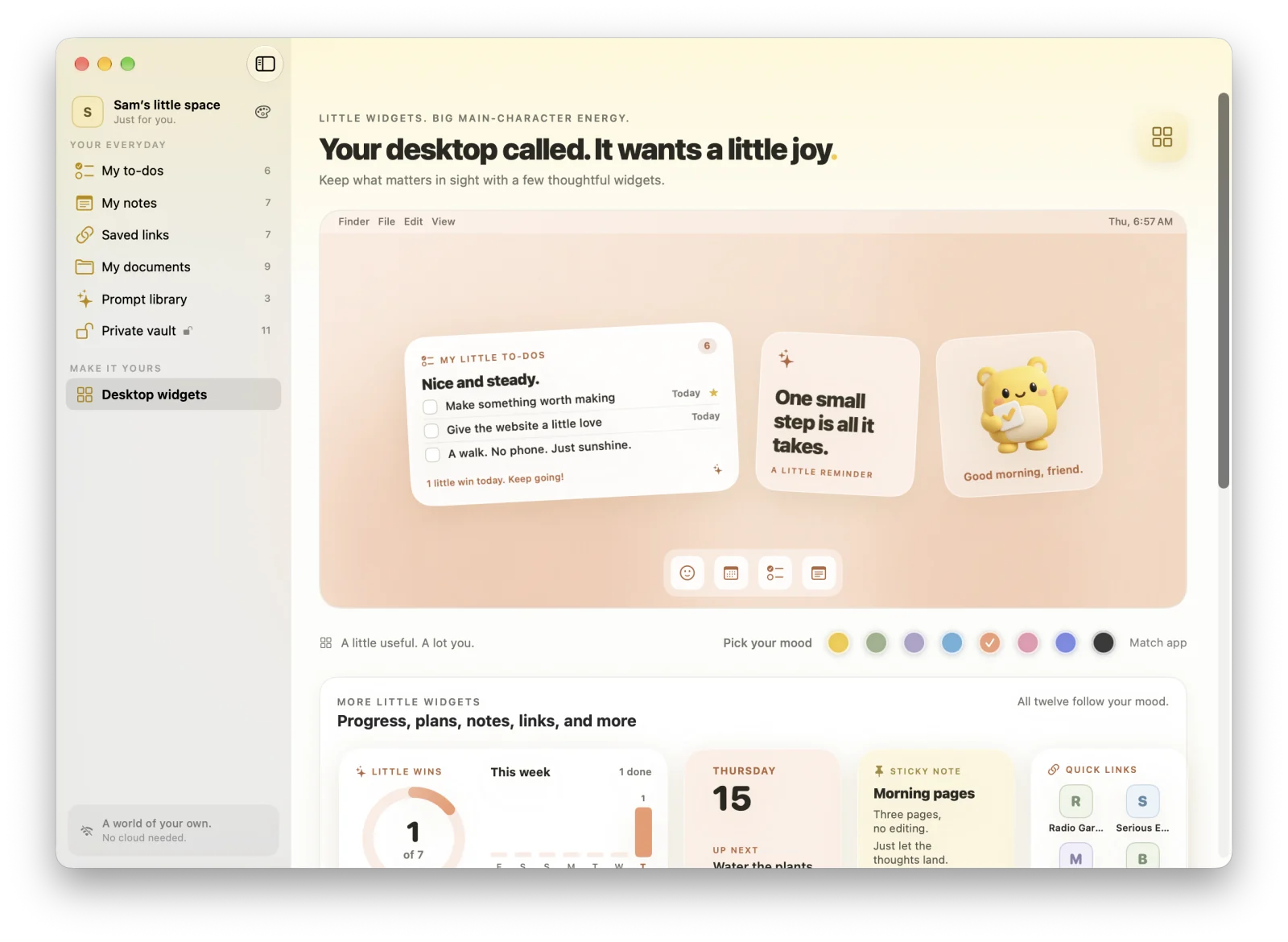 MacTodo’s widget gallery: a to-do widget, a little reminder, and the desktop buddy on a desktop preview, then progress, date, sticky note, and quick links widgets.